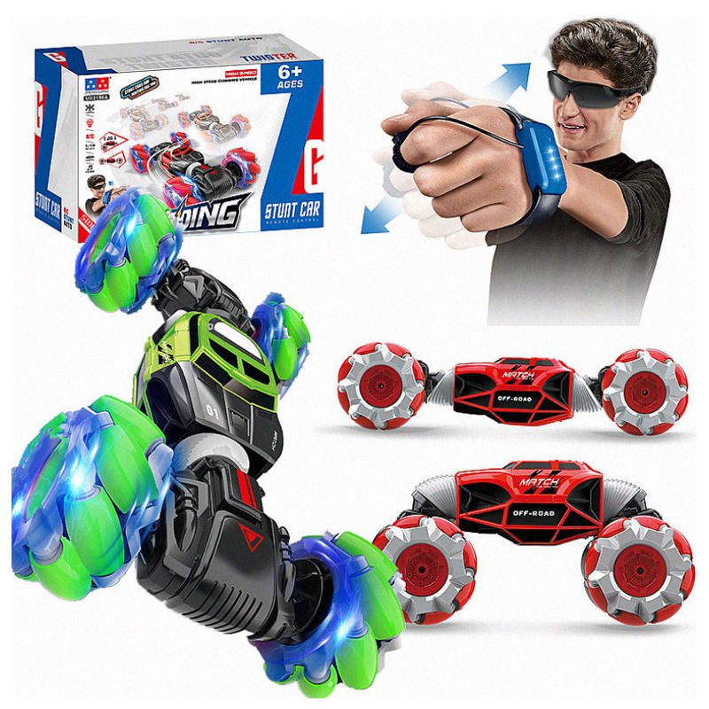 Double-side RC drift car with gesture control watch, 360° stunt rotation, LED lights, and off-road crawler tyres. Remote control stunt car performing drift and flip, featuring gesture sensor and durable shock-absorbing design. Off-road RC rock crawler toy car with dual driving modes, bright LED lights, and high-speed drifting capability.